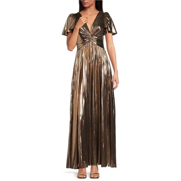 Skies Are Blue Dresses & Skirts - Skies Are Blue Metallic Bronze Twist-Front Pleated Maxi Dress